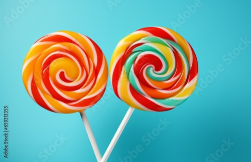 Photo of two colourful lollipops  together on a plain blue background created with Generative AI technology