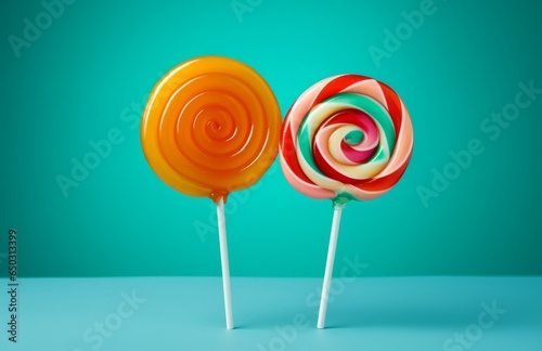 Photo of two colourful lollipops  together on a plain blue background created with Generative AI technology