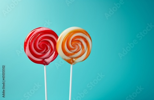 Photo of two colourful lollipops  together on a plain blue background created with Generative AI technology