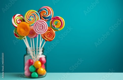 Photo of a colourful assortment of lollipops displayed in a glass jar full of gum balls on a table against a bright blue backdrop - created with Generative AI technology