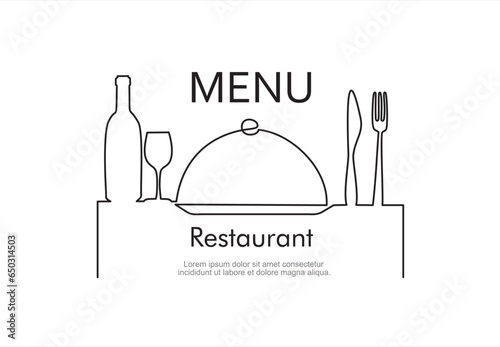 Continuous one single line drawing of fork, knife, bottle of wine, glass and metal cover. Menu food design. Illustration with quote template. Can used for menu restaurant sketch