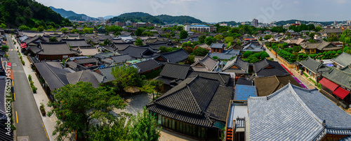 Jeonju Hanok Village aerial view skyline with abstract geometric shapes and patterns of the rooftops of traditional Korean houses in Jeonju City, Jeollabuk-do, South Korea
