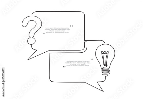 Quick tips. Continuous one line drawing of question mark, light bulb and speech bubbles. Trendy line art vector on a white background. Vector illustration.