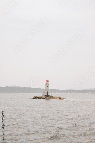 Tokarevsky lighthouse on the shore in the city of Vladivostok. © elenae333