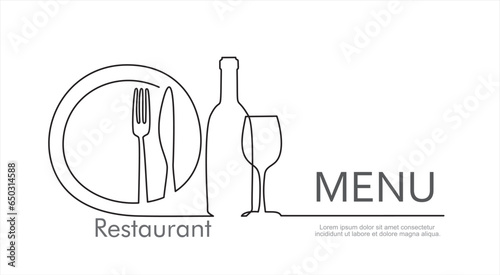Continuous one single line drawing of plate, fork, knife, bottle of wine and glass. Menu food design. Vector illustration.
