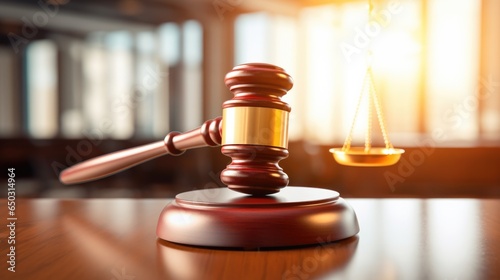 Close-up of the gavel on the judge\'s table. It symbolizes court proceedings, justice and law.