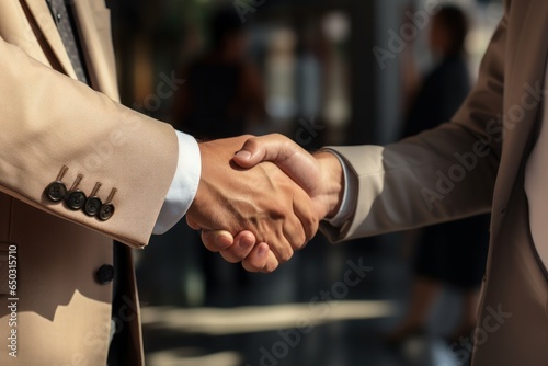 Businessman handshake for teamwork of business merger and acquisition. Generative AI.