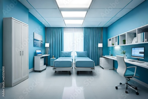 hospital room with beds in blue tones