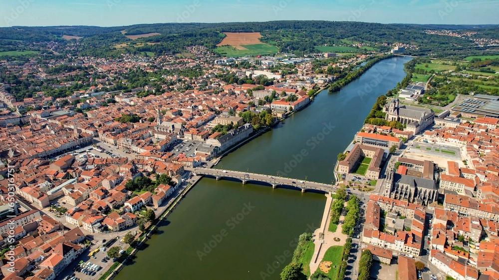 Aerial view of the city Pont-à-Mousson in France on a sunny day in summer.