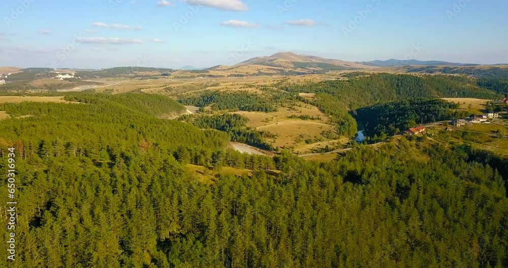 Aerial nature countryside landscape flight over picturesque mountains forests meadows Aerial nature countryside landscape flight over picturesque mountains forests meadows