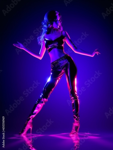 Dancing female standing on tiptoe in colourful neon studio light. Long exposure. Contemporary hip hop dance © JW Studio