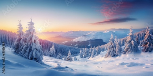 Impressive winter morning in Carpathian mountains with snow covered fir trees. Colorful outdoor scene, Happy New Year celebration concept. Artistic style post processed photo. 