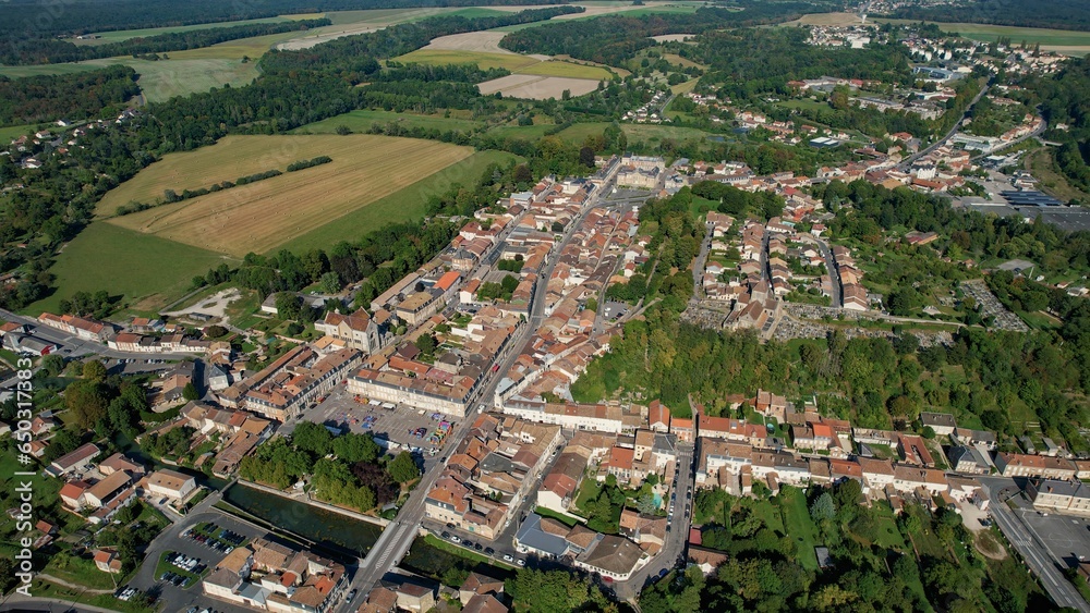 Aerial view of the city Sainte-Menehould in France on a sunny day in summer.