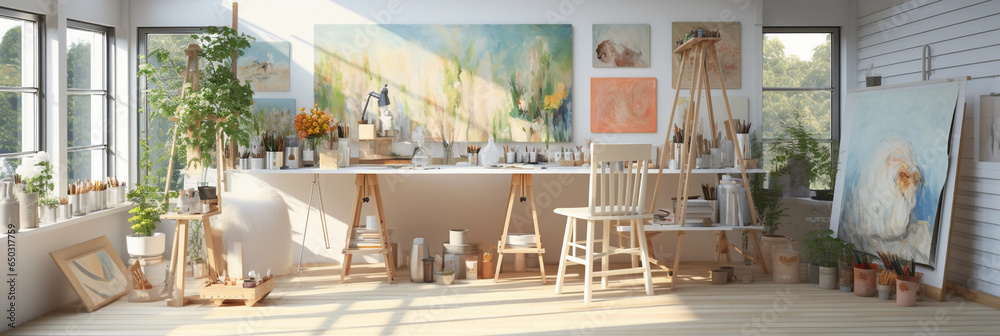 Chic home art studio, bright and airy, easel with in - progress painting, variety of art supplies neatly organized, abstract art on the walls
