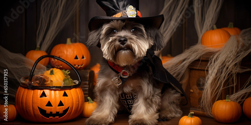 family pet dog dressed in a pirate costume, sitting obediently next to a basket of candies and carved pumpkins, indoor setting, warm lighting