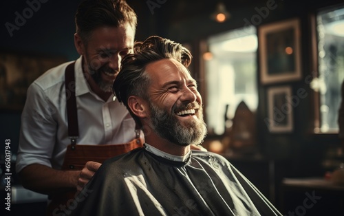 A happy barber giving a haircut to a handsome happy male client in a profesional barbershop. Generative AI