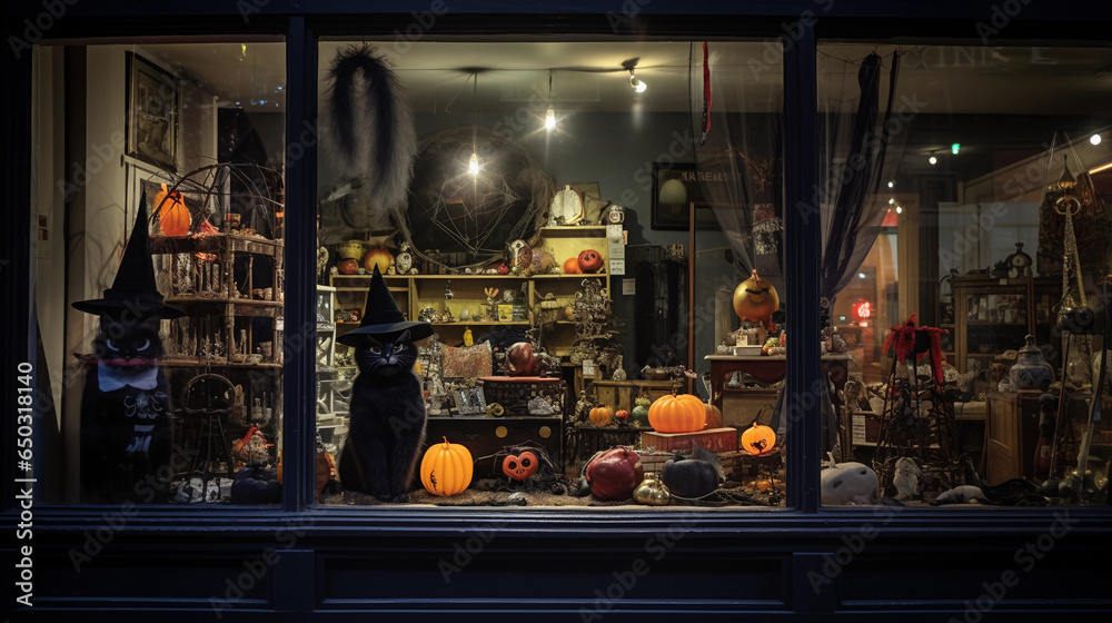 Halloween storefront, antique shop with mysterious items in the window, black cats, crystal balls, and witch hats, night time