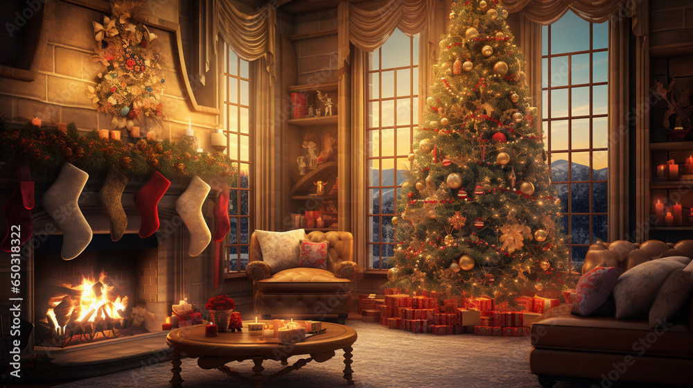 Christmas living room, complete with a towering Christmas tree adorned with twinkling lights and ornaments, roaring fireplace, and wrapped gifts; capture the warmth and coziness with a soft focus and 