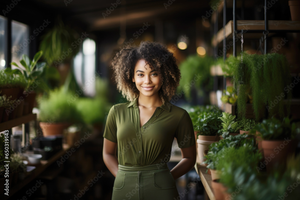 Portrait of a happy and smiling black woman, small business owner in her plant retail store Portrait of a happy and smiling black woman, small business owner in her plant retail store