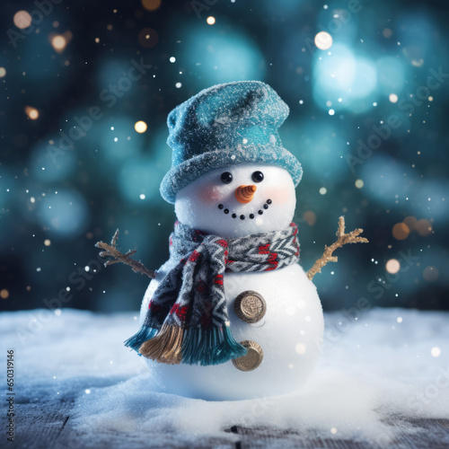 Happy snowman with abstract bokeh