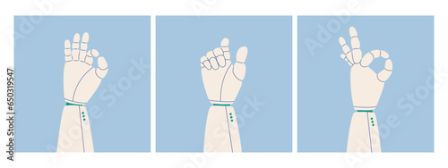 Set of various robot arms. Different poses of the hands of a cyborg or robot. Vector isolated graphics for design.
