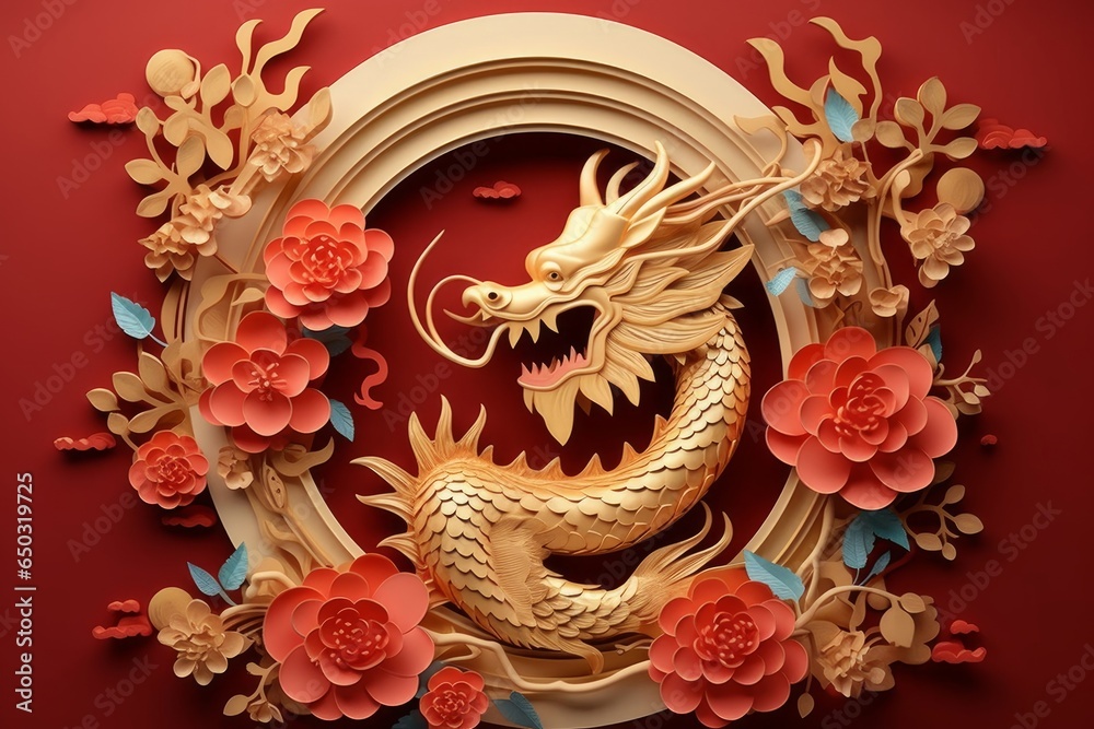 Paper cut style , Happy chinese new year 2024 , the dragon zodiac and flower with gold style on color background Generative AI Paper cut style , Happy chinese new year 2024 , the dragon zodiac and flower with gold style on color background Generative AI