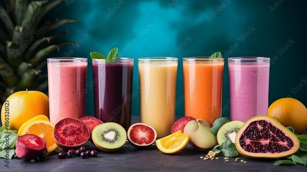 smoothie set with various tropical fruits on wooden background smoothie set with various tropical fruits on wooden background