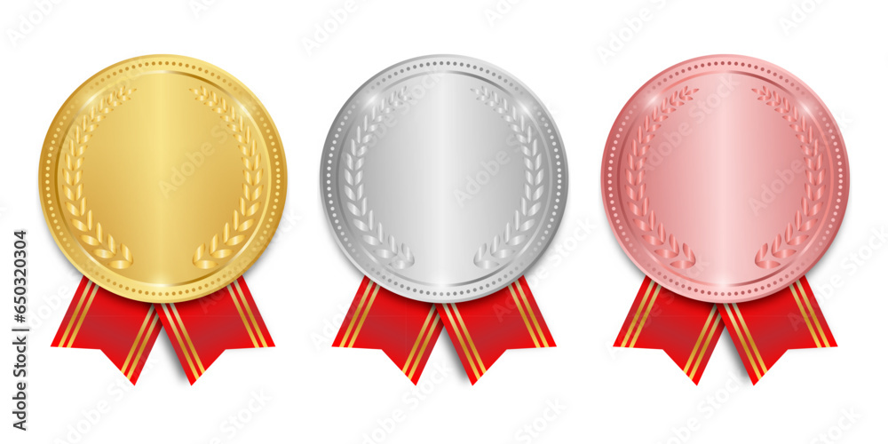 Medal. Gold, Silver and Bronze Medals with Red Ribbon. Sport Winner Medal. Champion and Winning Concept. Vector Illustration.