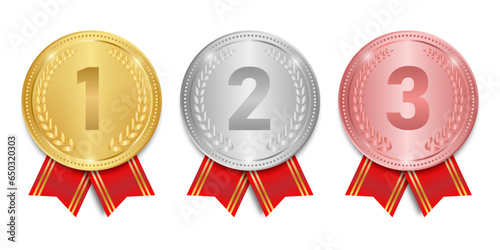 Medal. Gold, Silver and Bronze Medals with Red Ribbon. Sport Winner Medal. Champion and Winning Concept. Vector Illustration.
