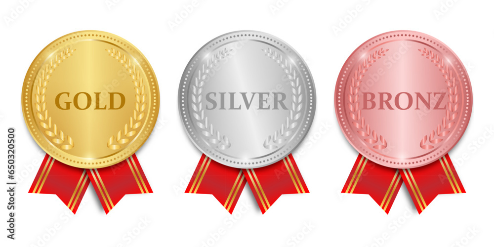 Medal. Gold, Silver and Bronze Medals with Red Ribbon. Sport Winner Medal. Champion and Winning Concept. Vector Illustration.