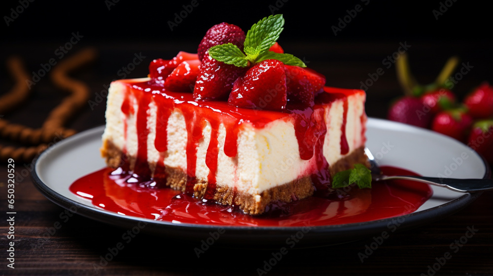 strawberry cheesecake with mint and strawberry topping strawberry cheesecake with mint and strawberry topping