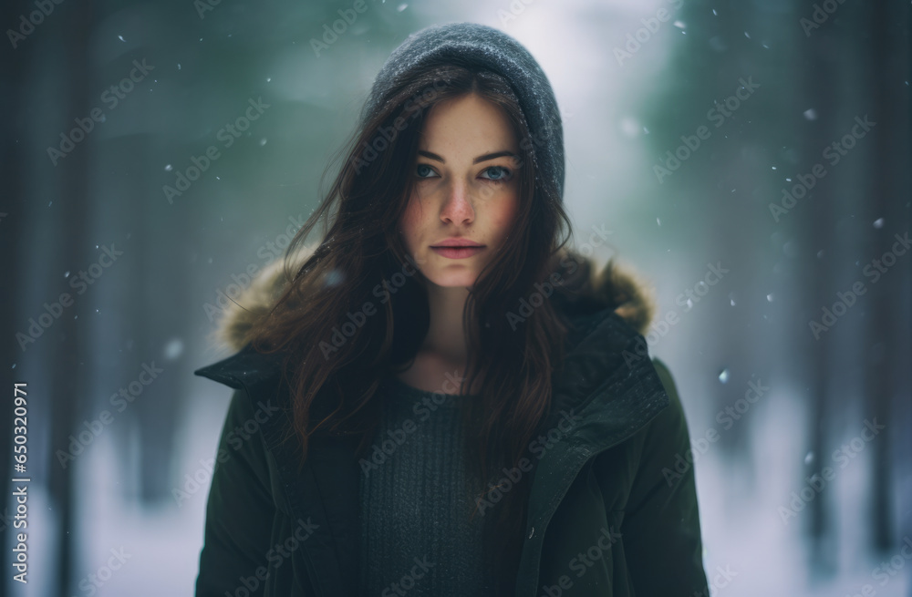 Woman alone in the forest during a winter snow Woman alone in the forest during a winter snow