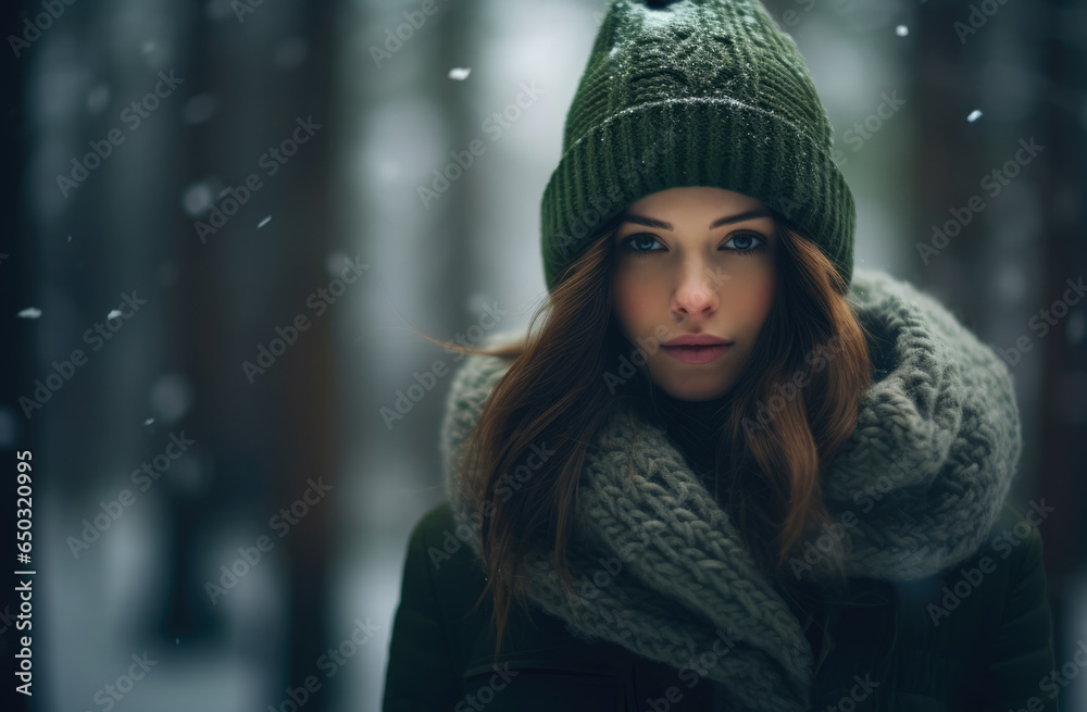 Woman alone in the forest during a winter snow Woman alone in the forest during a winter snow