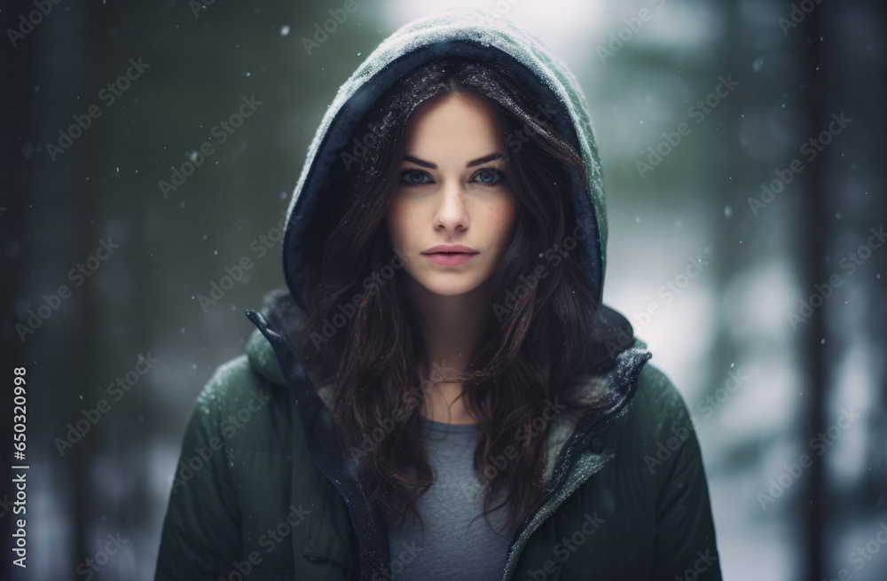 Woman alone in the forest during a winter snow Woman alone in the forest during a winter snow