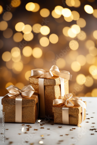 Christmas presents with glittery gold bokeh background, with space for text