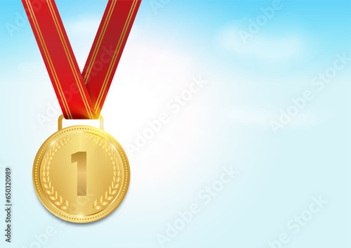 Gold Medals with Red Ribbon in Blue Sky Background. Sport Winner Medal. Champion and Winning Concept. Vector Illustration.