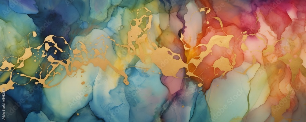 Currents of translucent hues, snaking metallic swirls, and foamy sprays of color shape the landscape of these free-flowing textures. Natural luxury abstract fluid art painting, Generative AI 