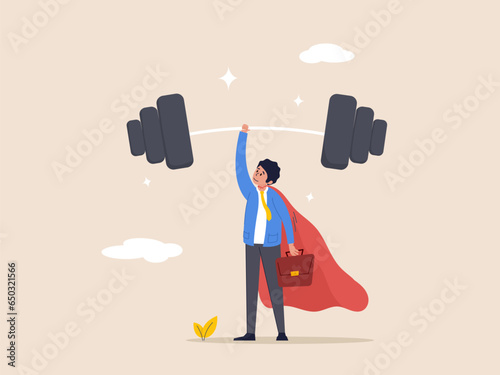 Business strengths concept. Strong power to get job done and success, career challenge or winning skill with strong leadership, strong businessman hero show his strength by easy lifting heavy weight.
