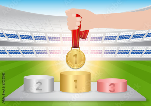 Hand Holding Gold Medal with Winer Sport Podium in Soccer Field or Sport Arena. Champion and Winning Concept. Vector Illustration.