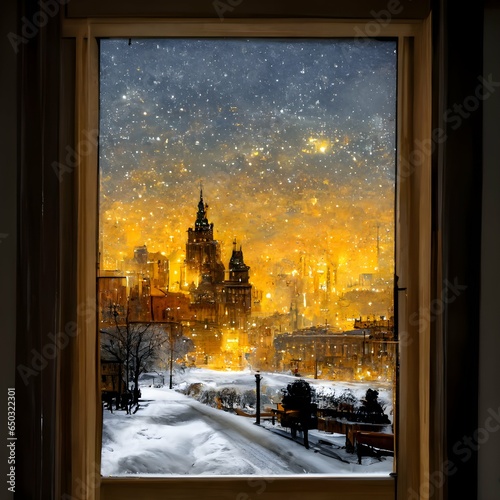 view through the window at a city lanscape in the dark snow winter dreamy cozy atmosfere hyper detail modern contemporary flat blocks stary night sky yellowish warmth colours  photo