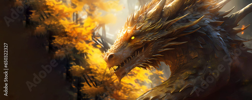 The Dragon. Dragon against the background of autumn trees. Banner. Wallpaper. Copy space. Generated AI. Edited in Photoshop. © Елена Дзюба