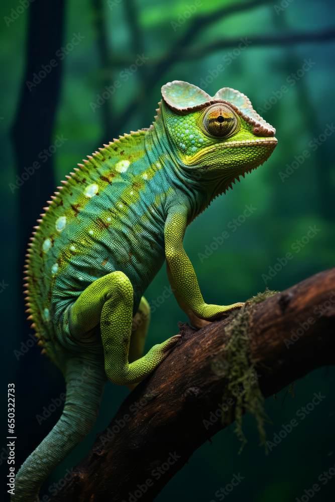 Fototapeta premium Chameleon sitting on a branch in the rain forest