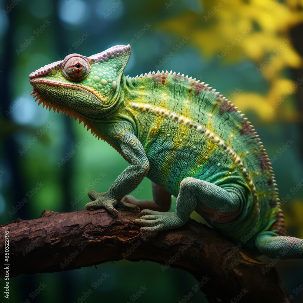 Chameleon sitting on a branch in the rain forest