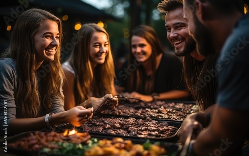 Young people having fun in the park at barbecue grilling and eating together. Generative AI