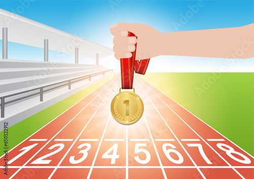 Hand Holding Gold Medal in Running Track Arena. Champion and Winning Concept. Vector Illustration.