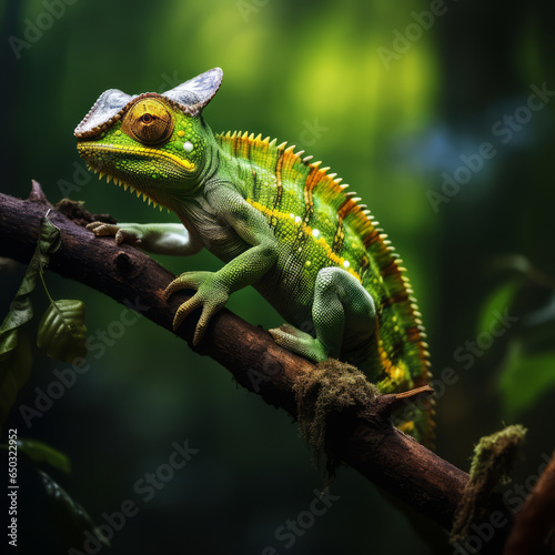 Chameleon sitting on a branch in the rain forest