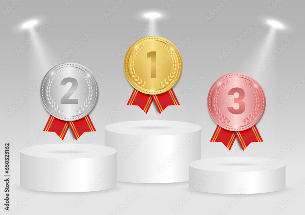 Gold, Silver and Bronze Medals on Winner Podium Illuminated with