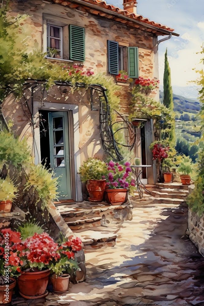 Naklejka premium Detailed Watercolor Painting of Tuscan Landscape, Generative AI