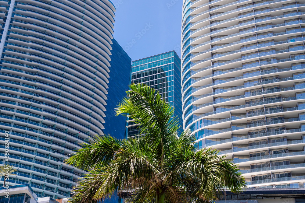 Facade of new highrise condos in downtown Miami, Florida.