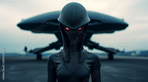 Alien female commander standing in front of a futuristic spaceship.
